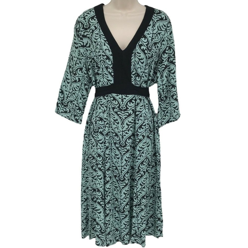 Loco Lindo Womens 3/4 Sleeves V Neck Tie Back Rayon Black Blue Dress Size Medium